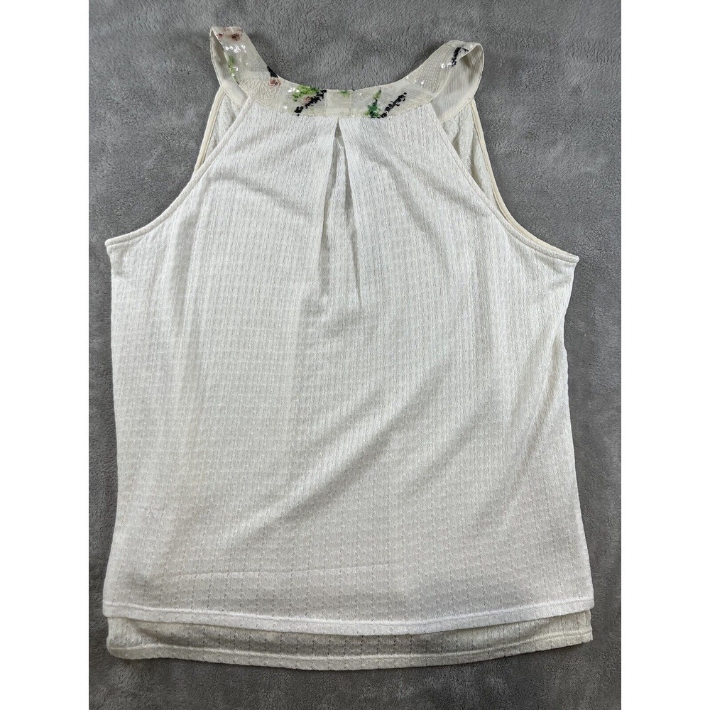 Anthropologie Tiny Brand Tank Top Sz L Cassia Ivory Navy Pink Sequin Trim Knit‎ - Picture 3 of 7